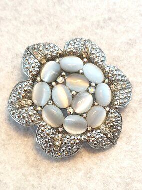 Vintage Cat’s Eye Cabochon & AB Crystal Floral Statement Brooch